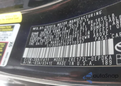 2014 Toyota Corolla L из США, поврежденный, VIN 5YFBURHE2EP110997